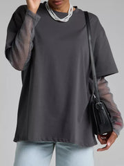 Faux Layered Round Neck Mesh Sleeve Top