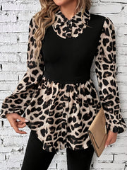 Leopard Collared Neck Balloon Sleeve Blouse