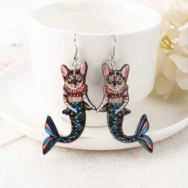 1Pair Cat Mermaid Dangle Earrings - Cute Little Wish