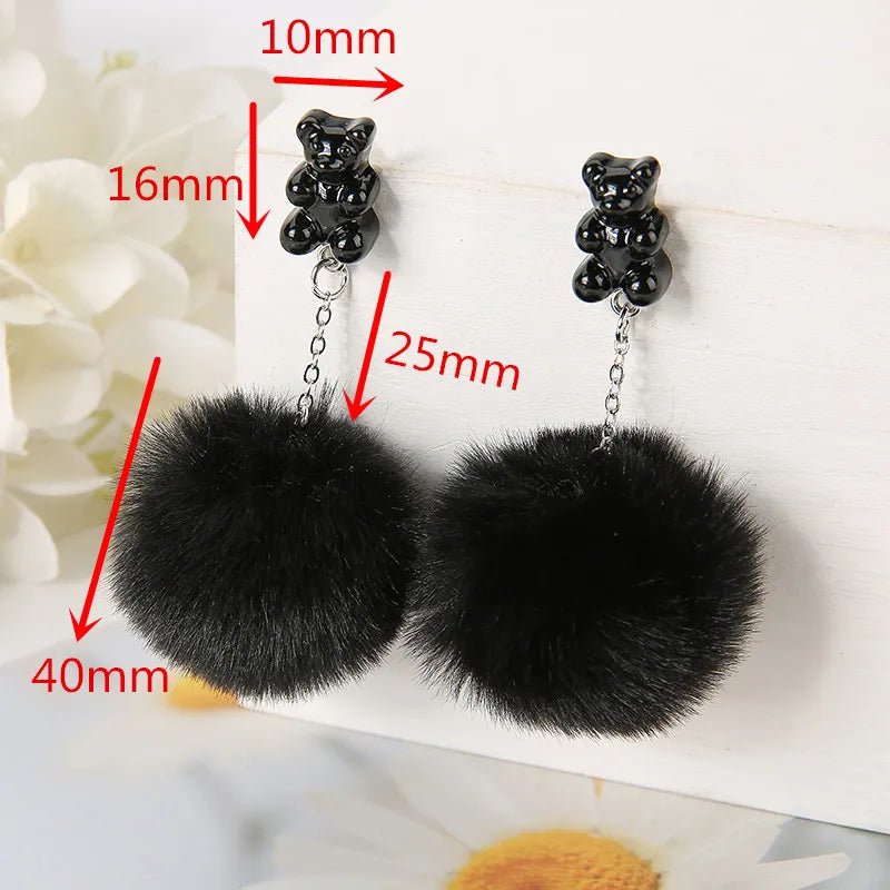 1Pair Cute Pompom Stud Earring Resin Candy Bear Charms With Puffer Ball - Cute Little Wish