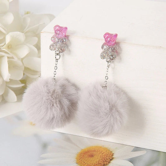 1Pair Cute Pompom Stud Earring Resin Candy Bear Charms With Puffer Ball - Cute Little Wish