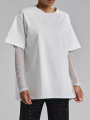 Faux Layered Round Neck Mesh Sleeve Top