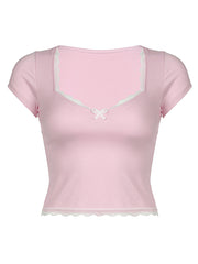 Lace Detail Sweetheart Neck Short Sleeve T-Shirt