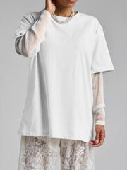 Faux Layered Round Neck Mesh Sleeve Top