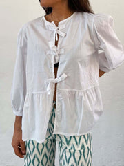 Tied Round Neck Balloon Sleeve Shirt