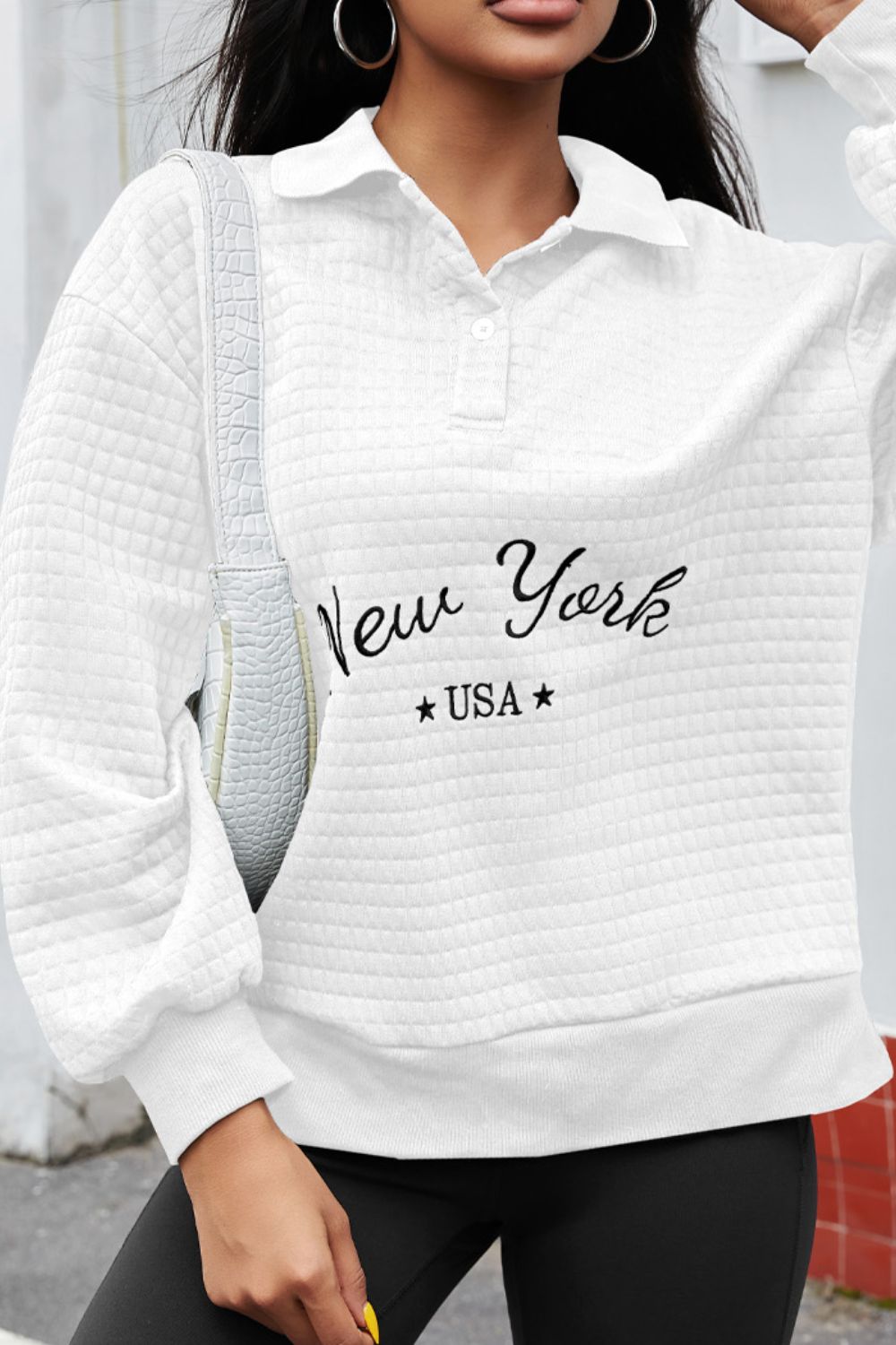 NEW YORK USA Button Detail Long Sleeve Sweatshirt