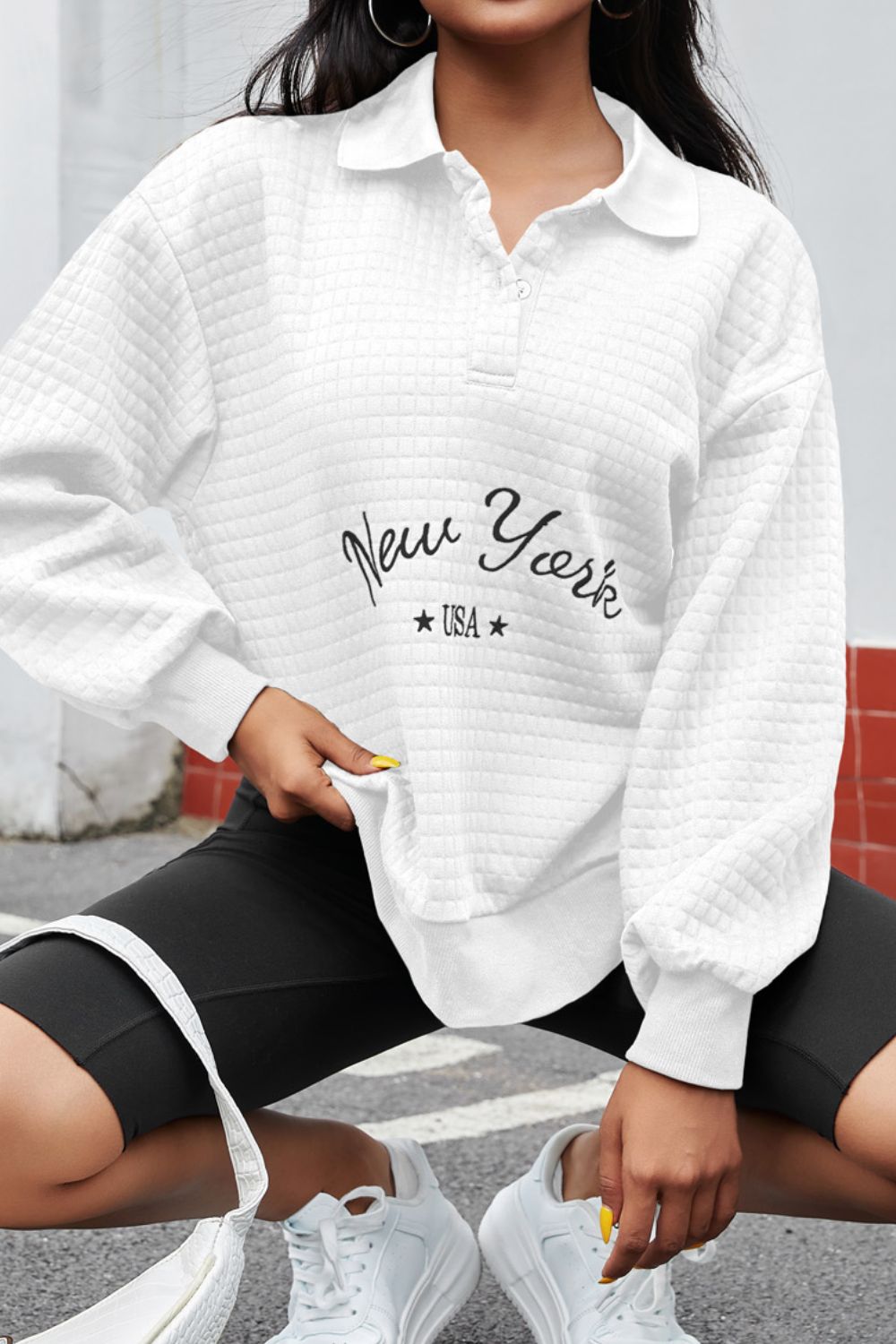 NEW YORK USA Button Detail Long Sleeve Sweatshirt