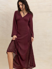 Lace Patchwork V-Neck Long Sleeve Midi Dress