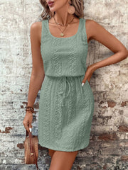 Eyelet Drawstring Round Neck Sleeveless Dress