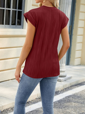 Textured Round Neck Cap Sleeve T-Shirt - Cute Little Wish