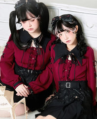 Elegant Red Blouse with Bat Collar - Japanese Lolita Style, Long Sleeve