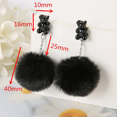 Cute Black Bear Resin Earrings with Pom-Pom Detail