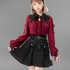 Elegant Red Blouse with Bat Collar - Japanese Lolita Style, Long Sleeve