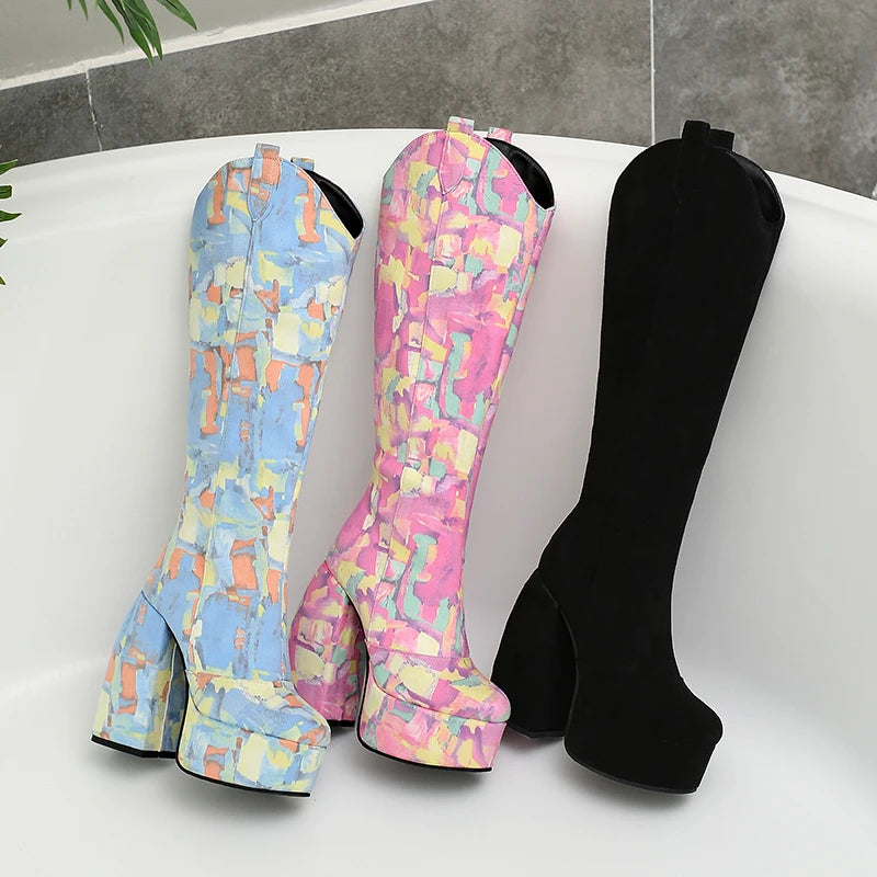 Women's Colorful Abstract Print Knee - High Boots with Chunky Heels