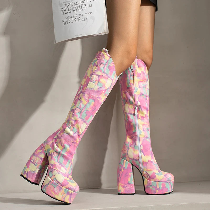 Women's Colorful Abstract Print Knee - High Boots with Chunky Heels