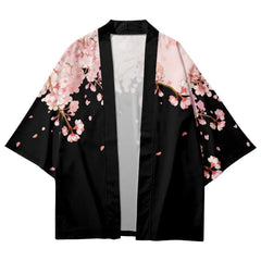 Elegant Black and Pink Floral Print Kimono Cardigan - Women's Asian Inspired Top