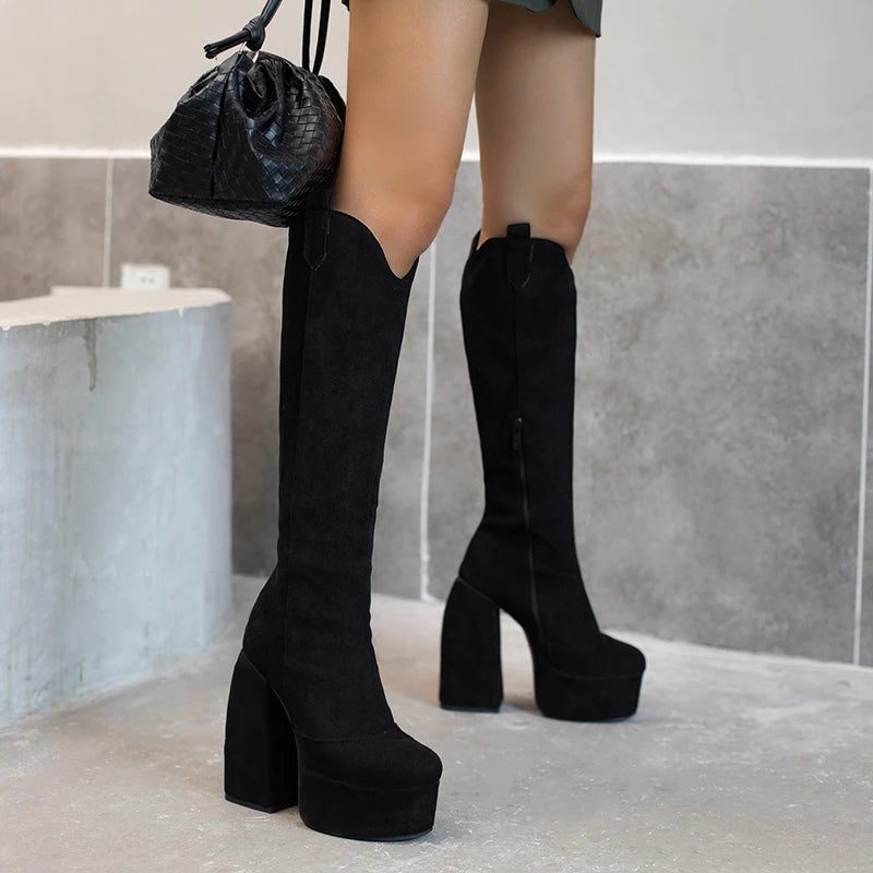 Women's Colorful Abstract Print Knee - High Boots with Chunky Heels