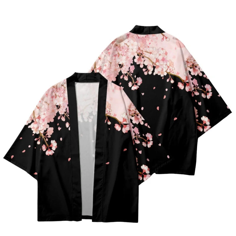 Elegant Black and Pink Floral Print Kimono Cardigan - Women's Asian Inspired Top