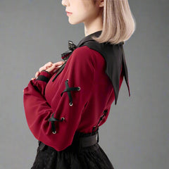 Elegant Red Blouse with Bat Collar - Japanese Lolita Style, Long Sleeve