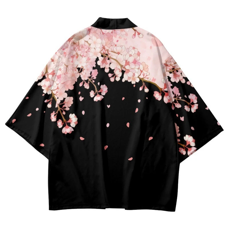 Elegant Black and Pink Floral Print Kimono Cardigan - Women's Asian Inspired Top