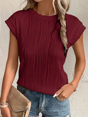 Textured Round Neck Cap Sleeve T-Shirt - Cute Little Wish