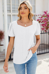 Eyelet Puff Sleeve T-Shirt - Cute Little Wish