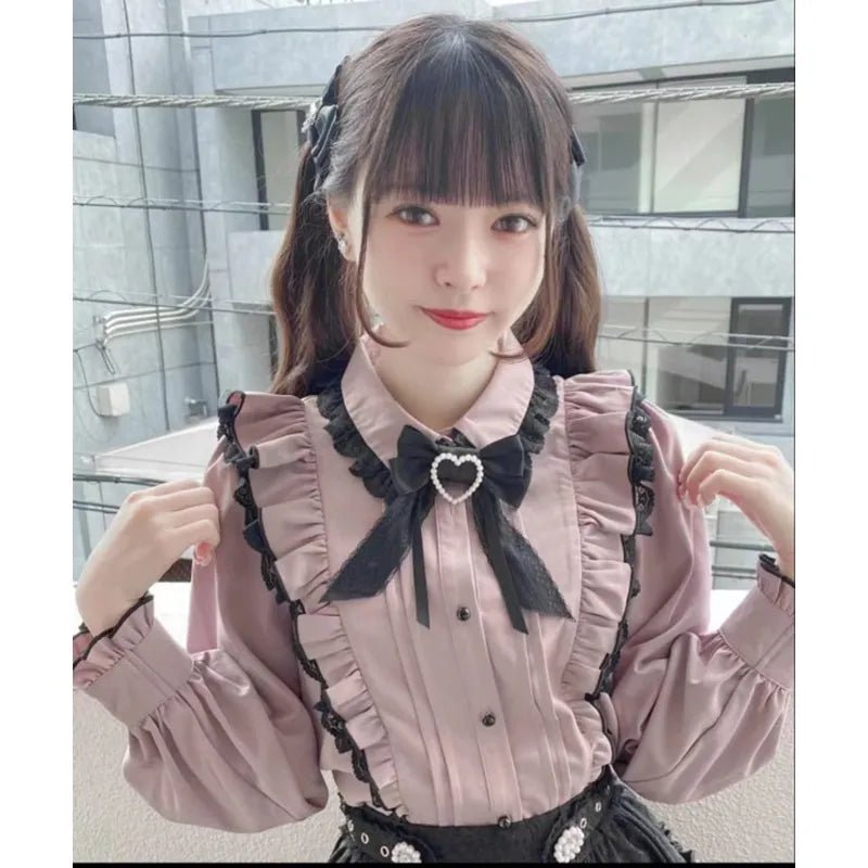 Aesthetic Pink Long Sleeve Blouse - Y2K Lolita Style with Black Accents - Cute Little Wish