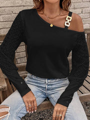 Asymmetrical Neck Lace Long Sleeve T-Shirt - Cute Little Wish