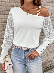 Asymmetrical Neck Lace Long Sleeve T-Shirt - Cute Little Wish