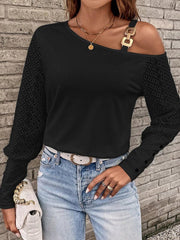 Asymmetrical Neck Lace Long Sleeve T-Shirt - Cute Little Wish