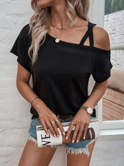 Asymmetrical Neck Short Sleeve T-Shirt - Cute Little Wish