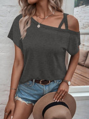 Asymmetrical Neck Short Sleeve T-Shirt - Cute Little Wish