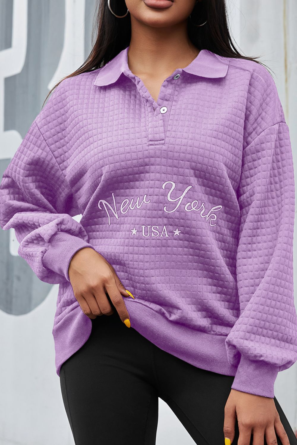 NEW YORK USA Button Detail Long Sleeve Sweatshirt