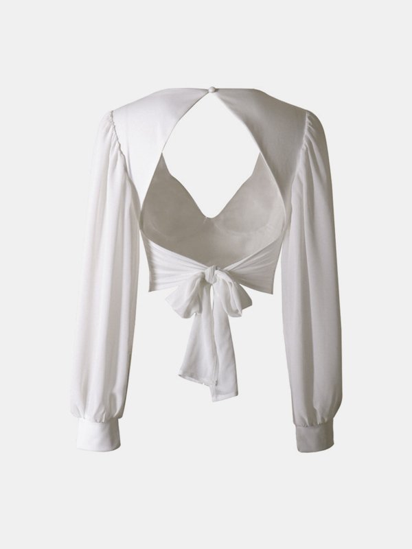 Backless Notched Long Sleeve Blouse - Cute Little Wish