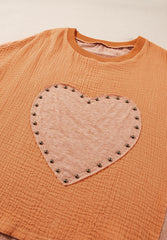 Stud Heart Patch Round Neck Short Sleeve T-Shirt