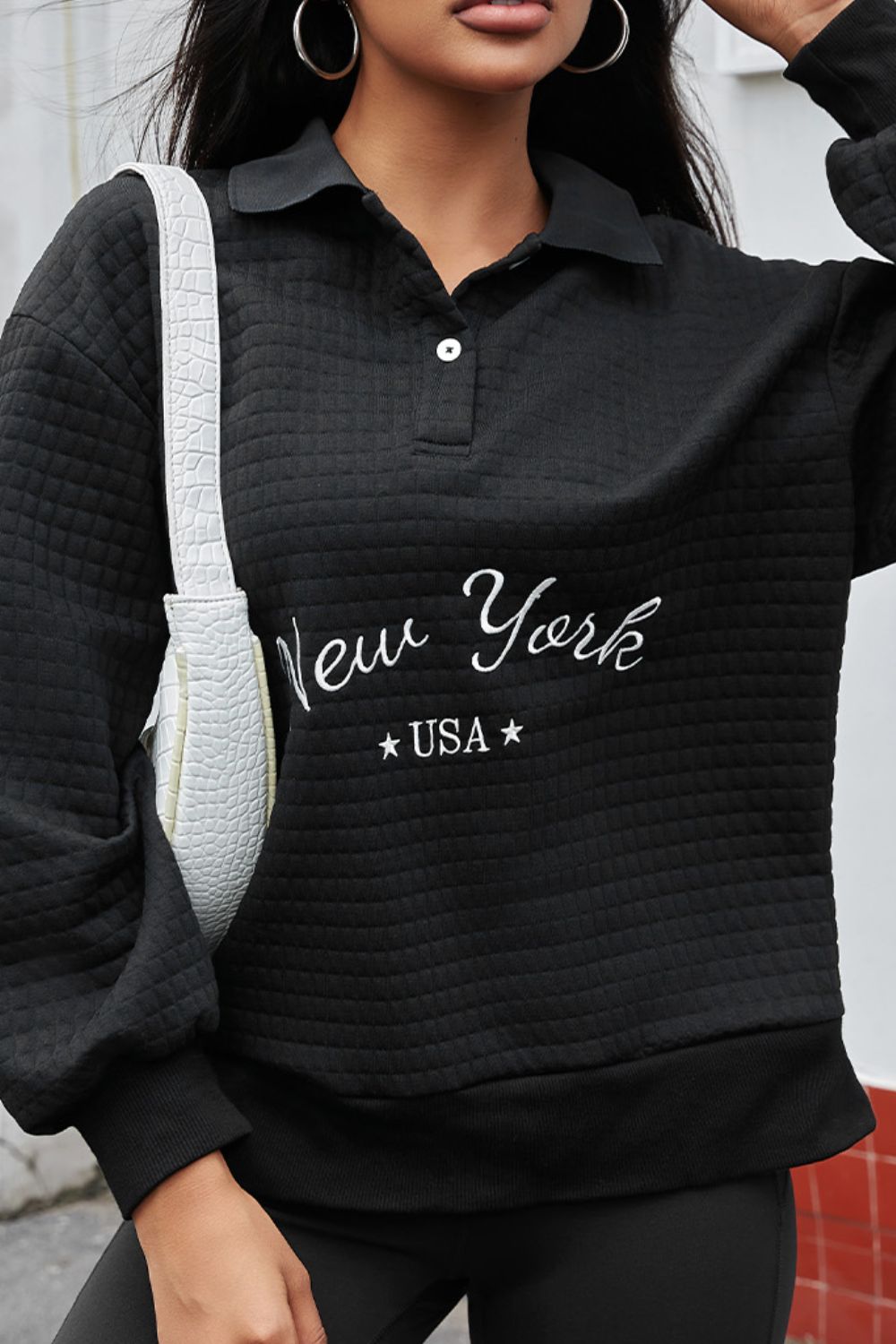 NEW YORK USA Button Detail Long Sleeve Sweatshirt