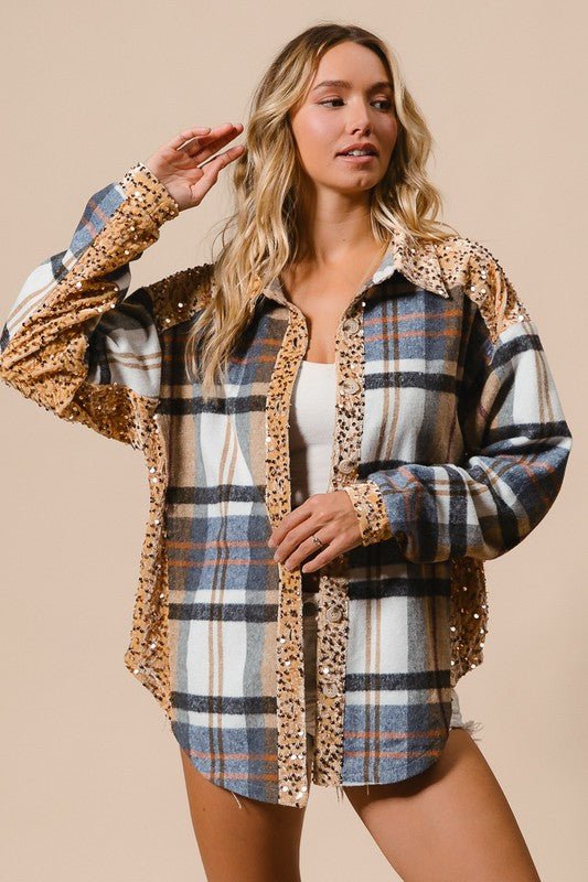 BiBi Curved Hem Sequin Plaid Button Up Shacket