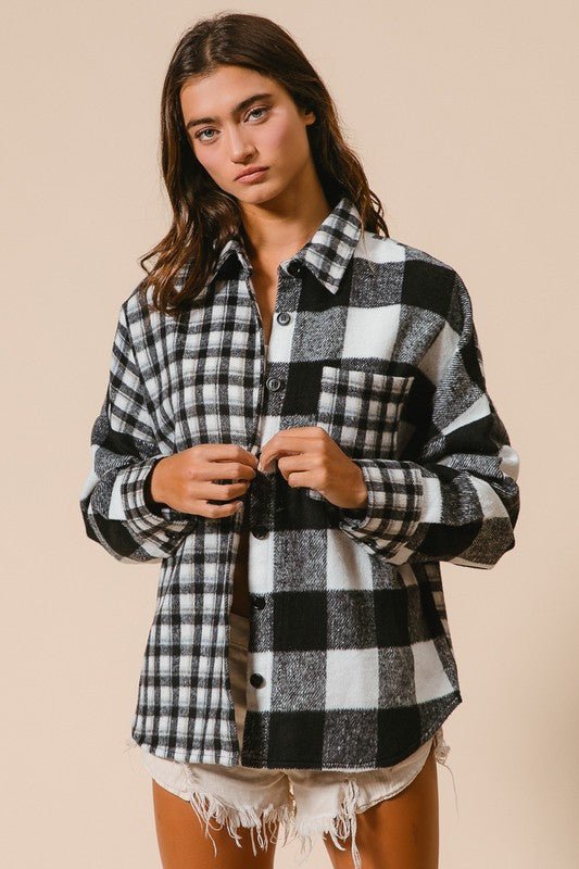 BiBi Plaid Fleece Button Down Long Sleeve Shirt