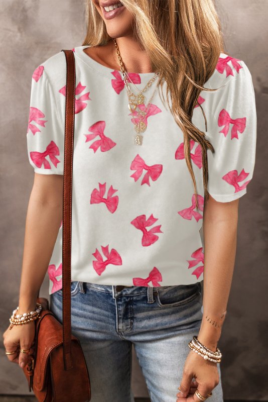 Bow Round Neck Short Sleeve Blouse - Cute Little Wish