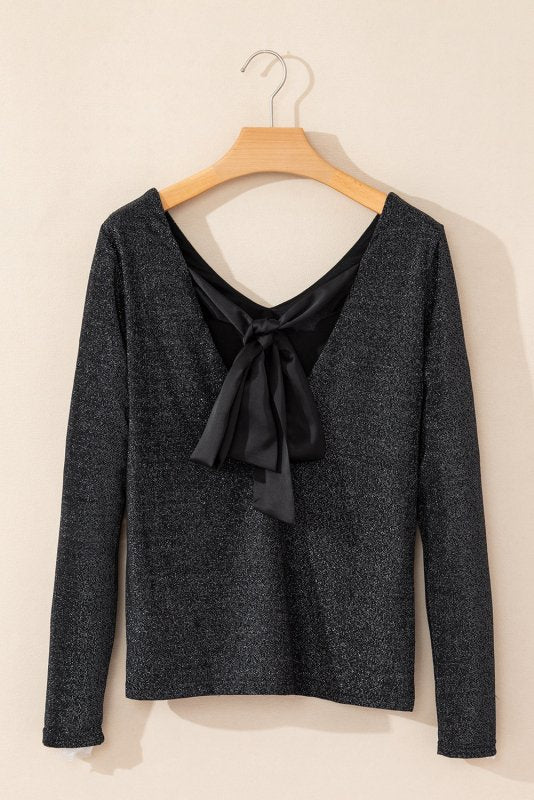 Bowknot V - Neck Long Sleeve Blouse