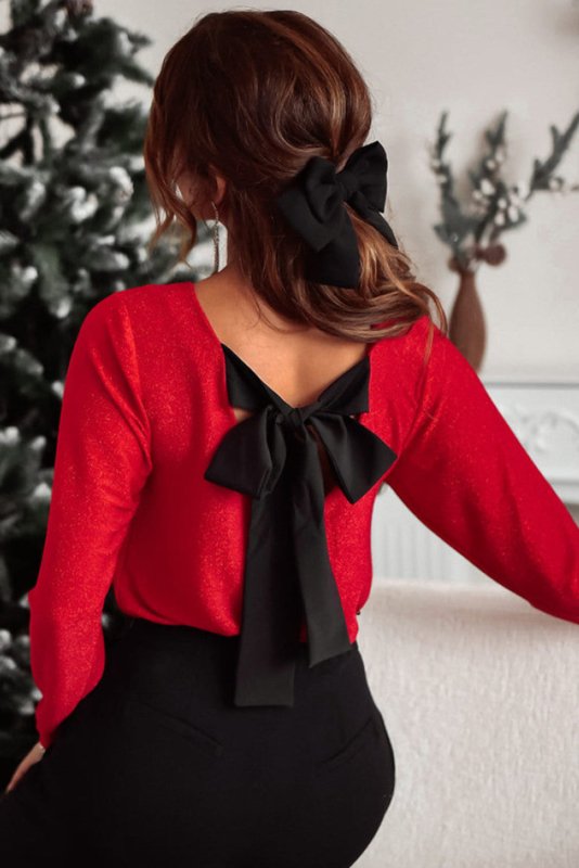 Bowknot V - Neck Long Sleeve Blouse