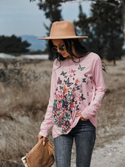 Butterflies Print Long Sleeve Round Neck Tee - Cute Little Wish