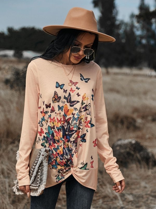 Butterflies Print Long Sleeve Round Neck Tee - Cute Little Wish