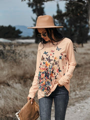 Butterflies Print Long Sleeve Round Neck Tee - Cute Little Wish