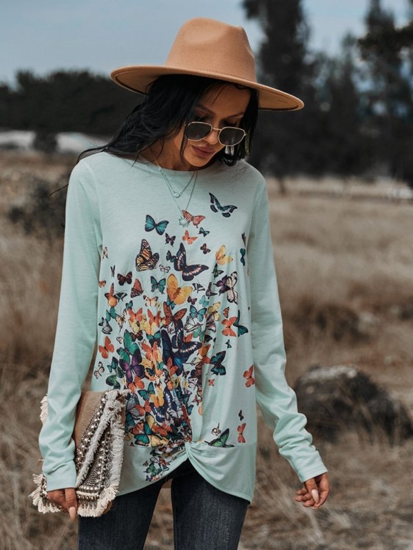 Butterflies Print Long Sleeve Round Neck Tee - Cute Little Wish