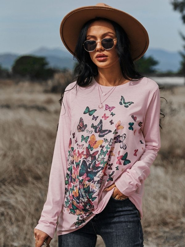 Butterflies Print Long Sleeve Round Neck Tee - Cute Little Wish