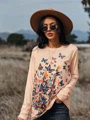 Butterflies Print Long Sleeve Round Neck Tee - Cute Little Wish