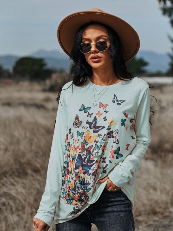 Butterflies Print Long Sleeve Round Neck Tee - Cute Little Wish