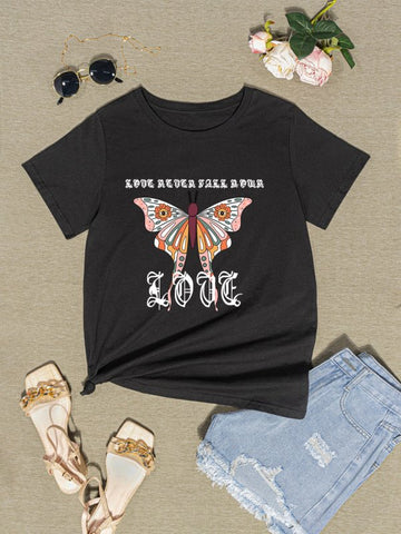 Butterfly Round Neck Short Sleeve T-Shirt - Cute Little Wish
