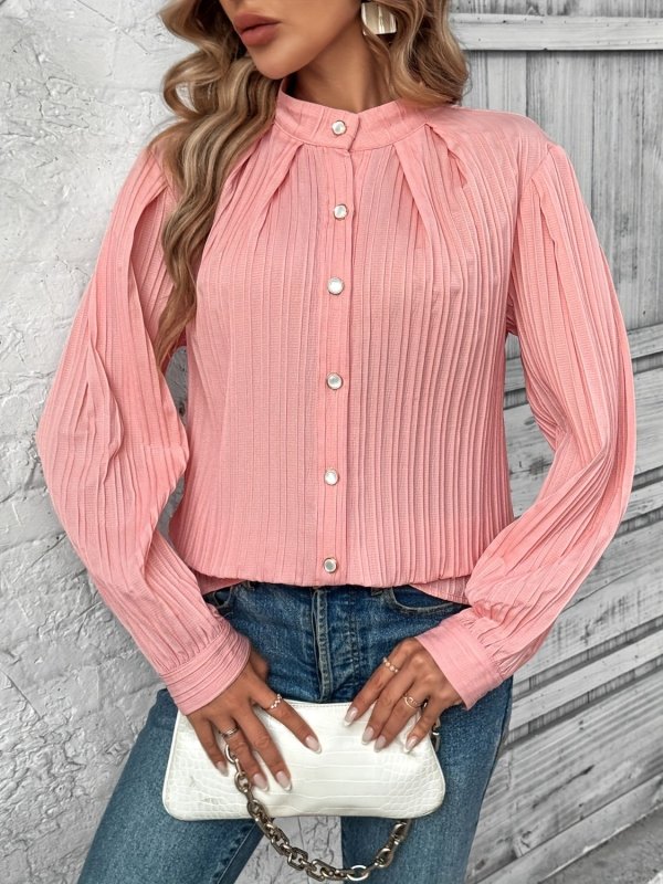 Button Down Mock Neck Long Sleeve Shirt